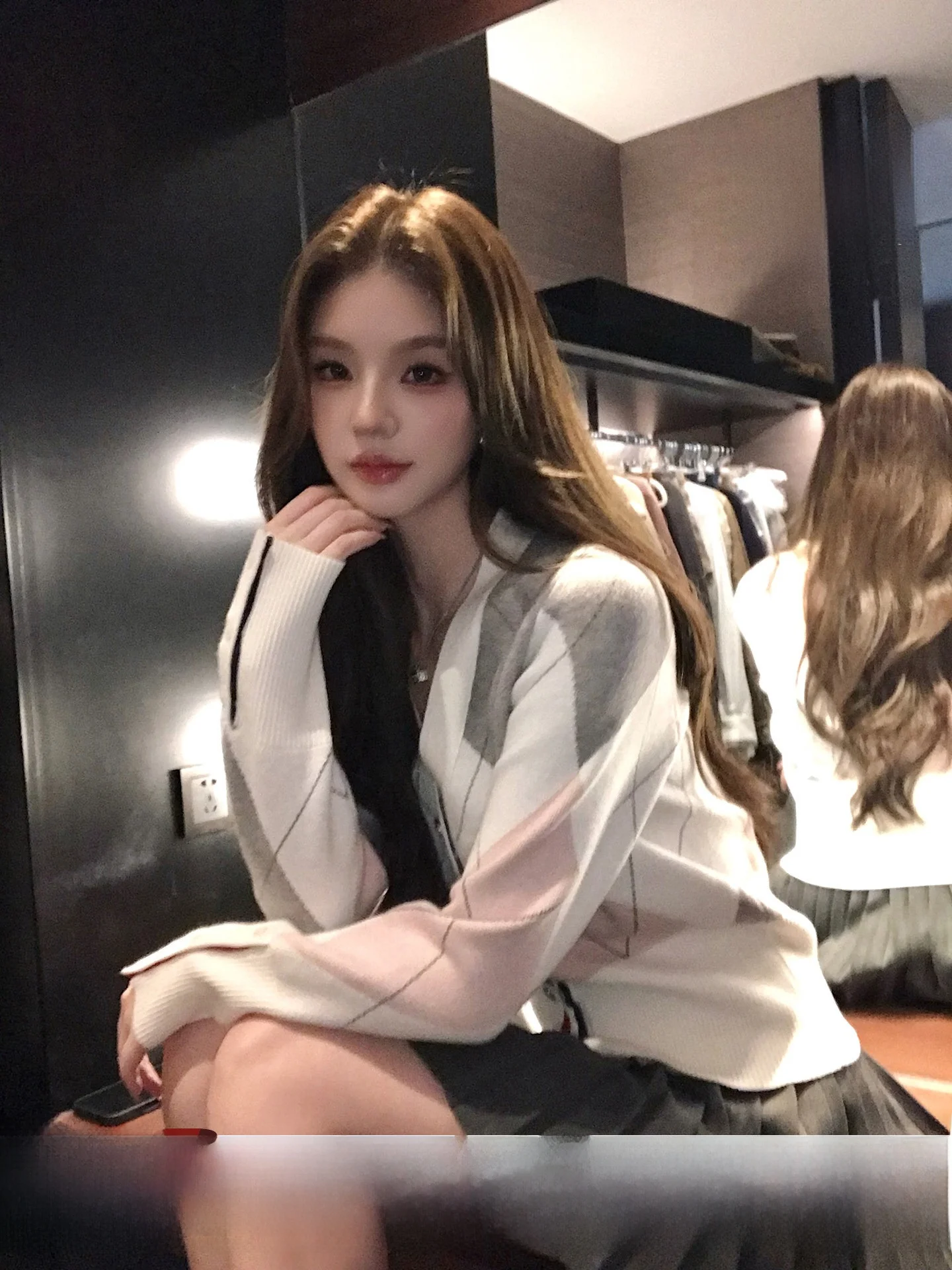 

Loose V-Ne Knitted Open Cardigan Women's Faion College Sle Color Blo Diamond Pattern Spring New Loose Versatile Top