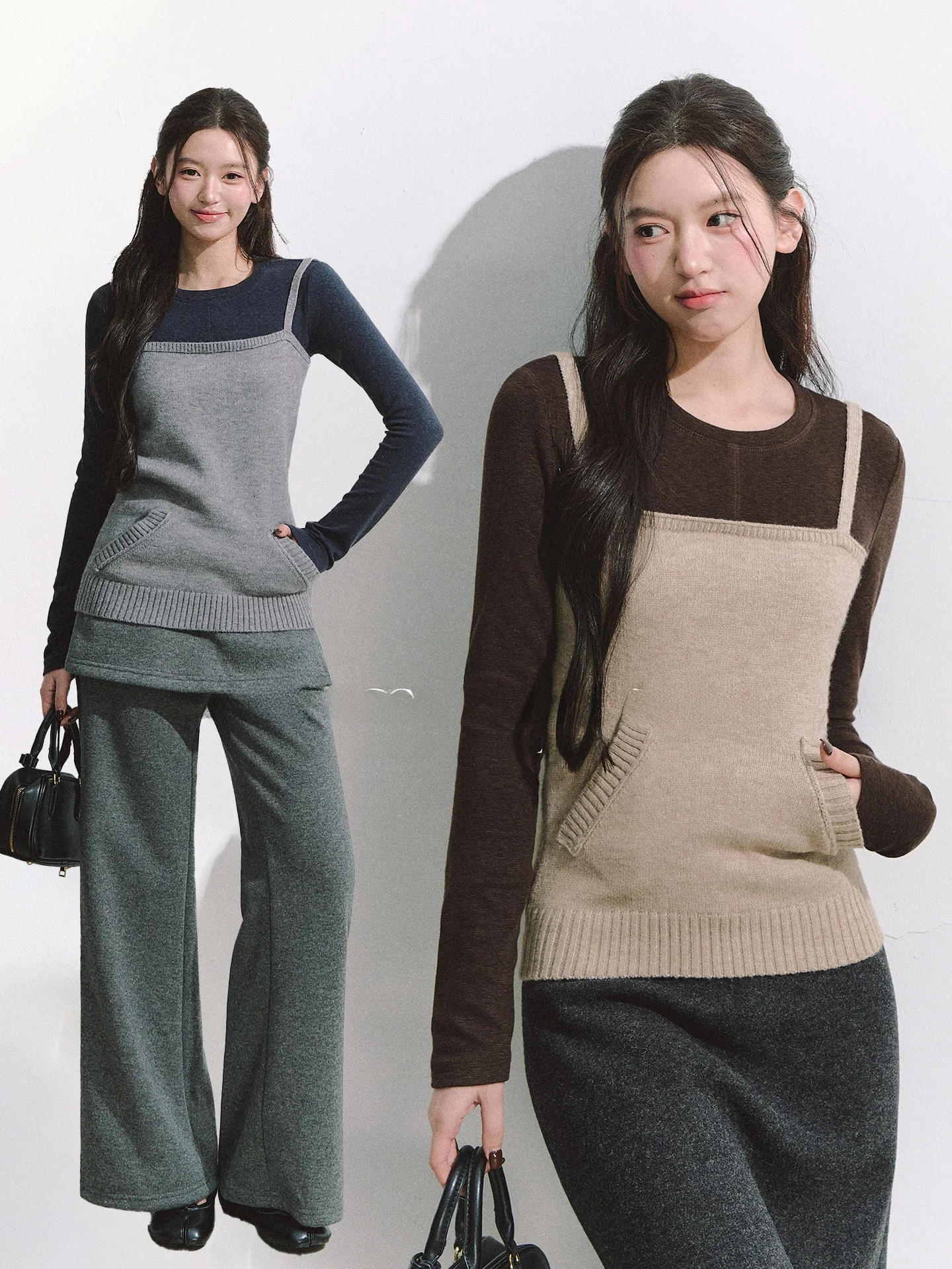 

OIOI ESSE Women's Knitted Vest Strap Set Casual Style Slim Fit Base Layer Top Autumn Winter Fashion Stackable Wear round Neck