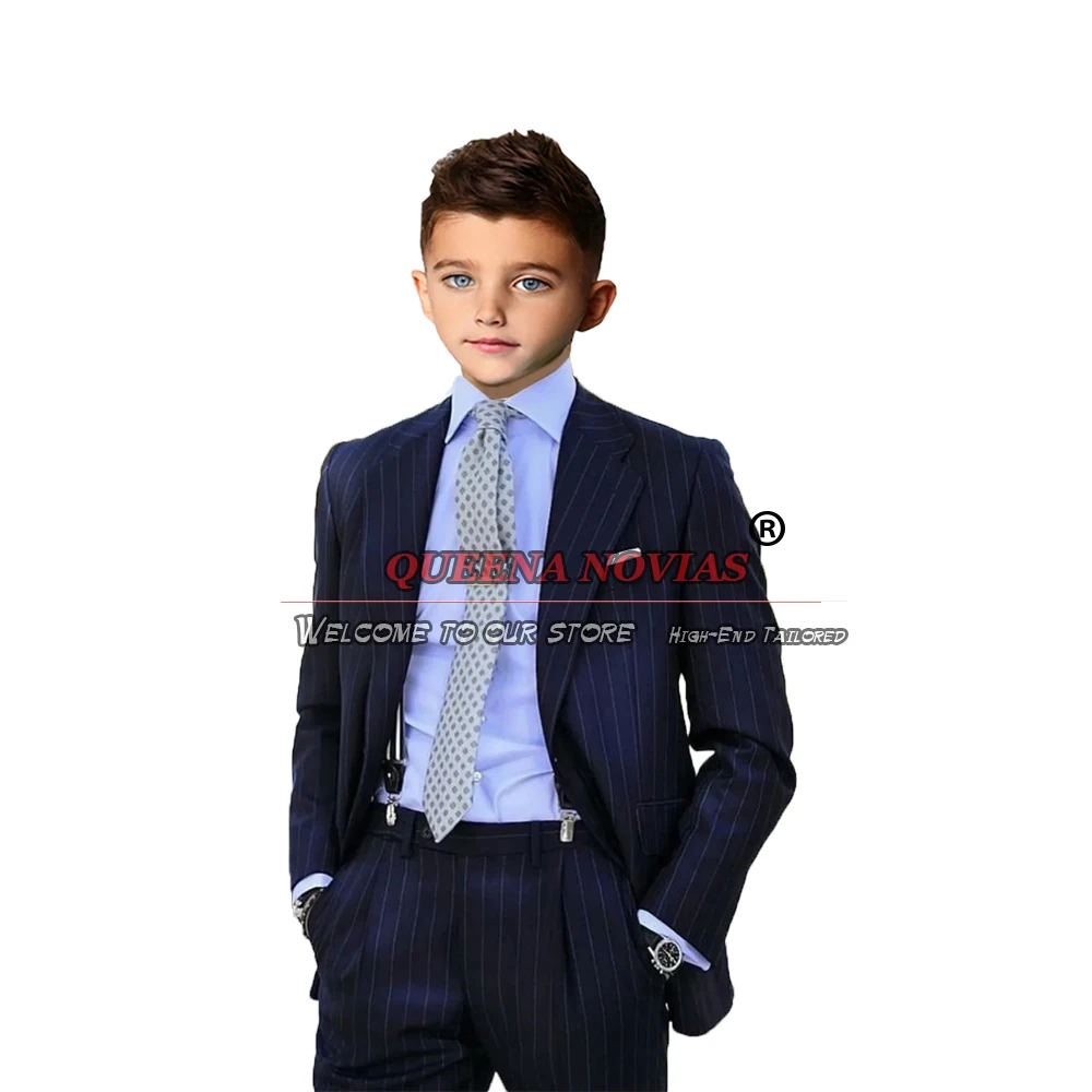 Pinstripe Boys' Attire For Kids Wedding Suits Single Breasted Jacket Navy Children Formal Party Wear 2 Pieces Blazer Pants 2023