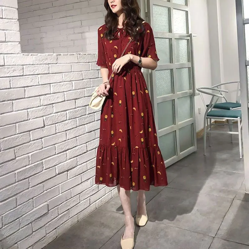 Summer V-Neck Stylish Drawstring Midi Dress Elegant A-Line Waist Female Clothing Casual Printed Elegant Ruffles Spliced Dresses