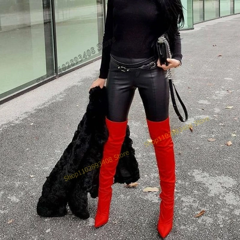 Red Suede Over the Knee Boots Pointed Toe Stilettos High Heel Solid Women Shoes 2023 Autumn Fashion Sexy Zapatos Para Mujere