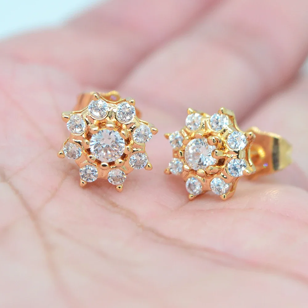 Fashion Gold Color Clear Zircon CZ Flower Stud Earrings for Women