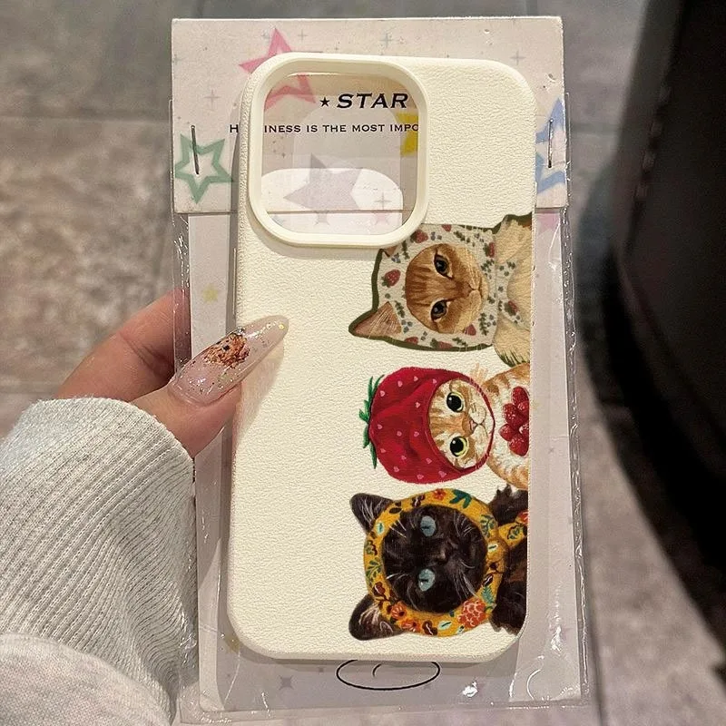 Erdbeer-Kopftuch-Katzen-Muster Weiche Handyhülle für iPhone 17 Pro Max 16 Plus 15 14 Pro 13 12 11 Pro Max XS X XR Cover