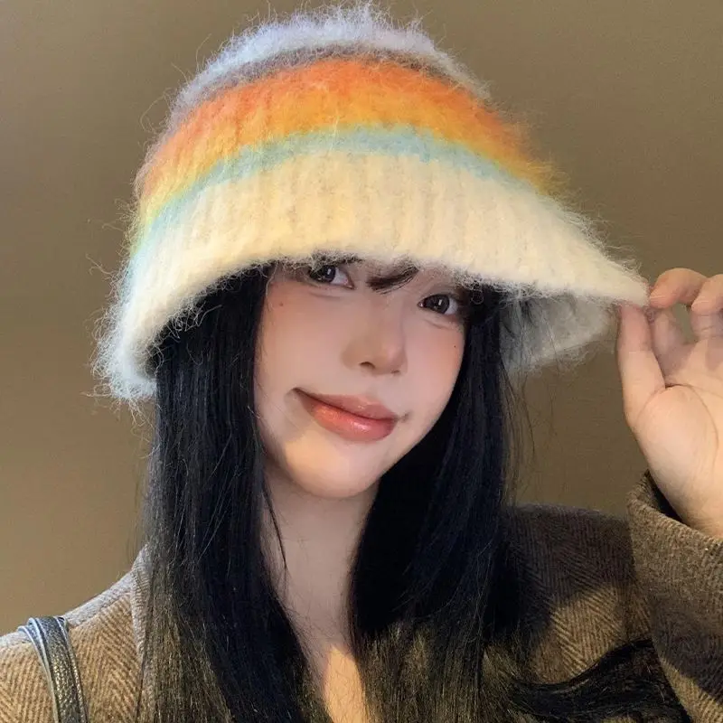 2025 Autumn And Winter New Dopamine Colored Color Blocked Fisherman's Hat Women's Plush Warm Knitted Cap 4
