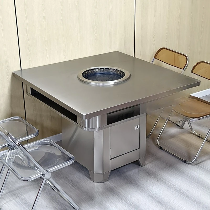 

Stainless steel hot pot table commercial integrated induction cooker gas stove dual-purpose table and chair round table barbecue