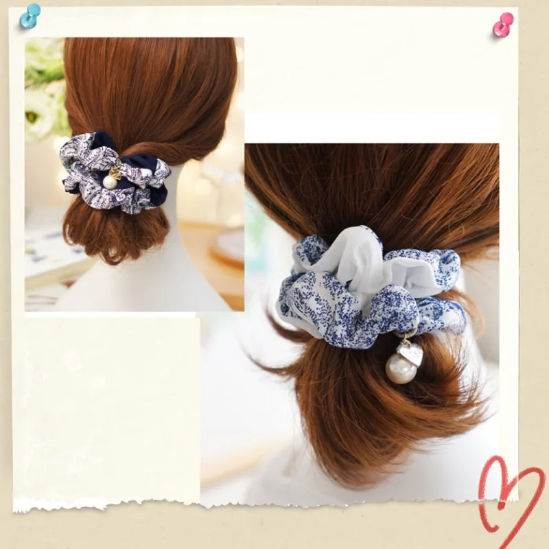 Blue and White Porcelain Chiffon Hair Scrunchies Trendy Pearl Embellished Fabric Hair Ties for Women