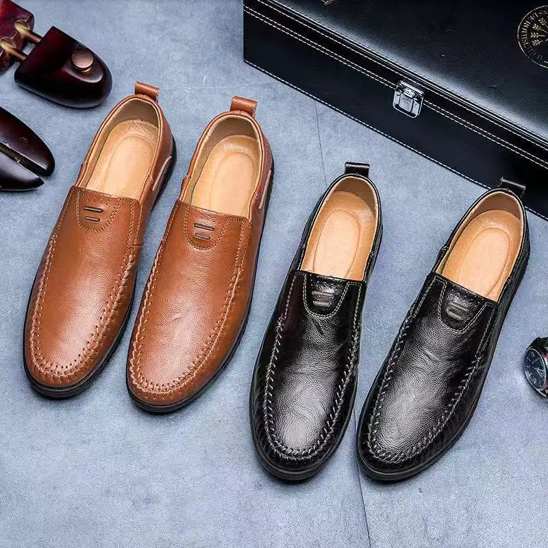 2026 Leather Casual Shoes Breathable Soft Leather Bean Bean Shoes Men's Midlife Comfortable Spring Autumn Seasonal Slip-On Shoes