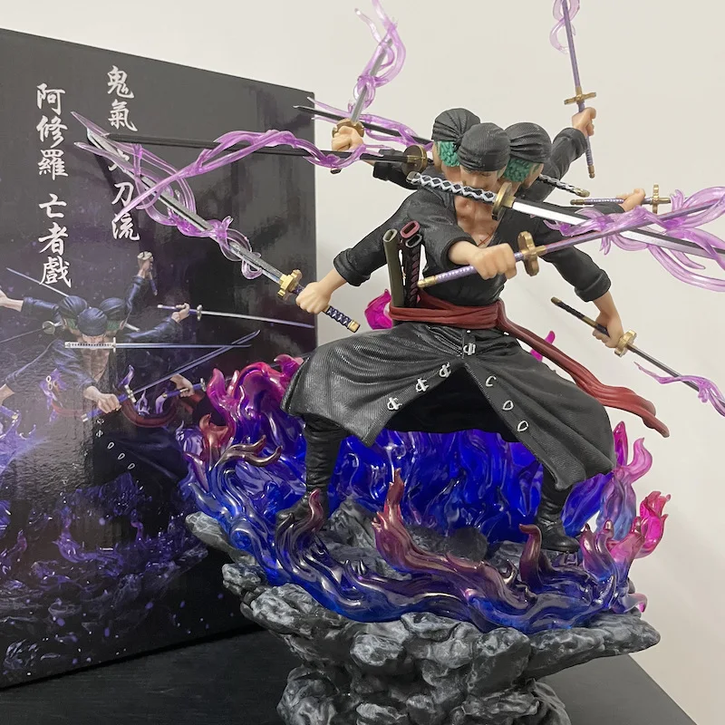 35cm One Piece GK Burning Enma Zoro Three Heads Six Arms Ashura Sauron Anime Statue Model Ornament Boxed Figures Collectible Toy