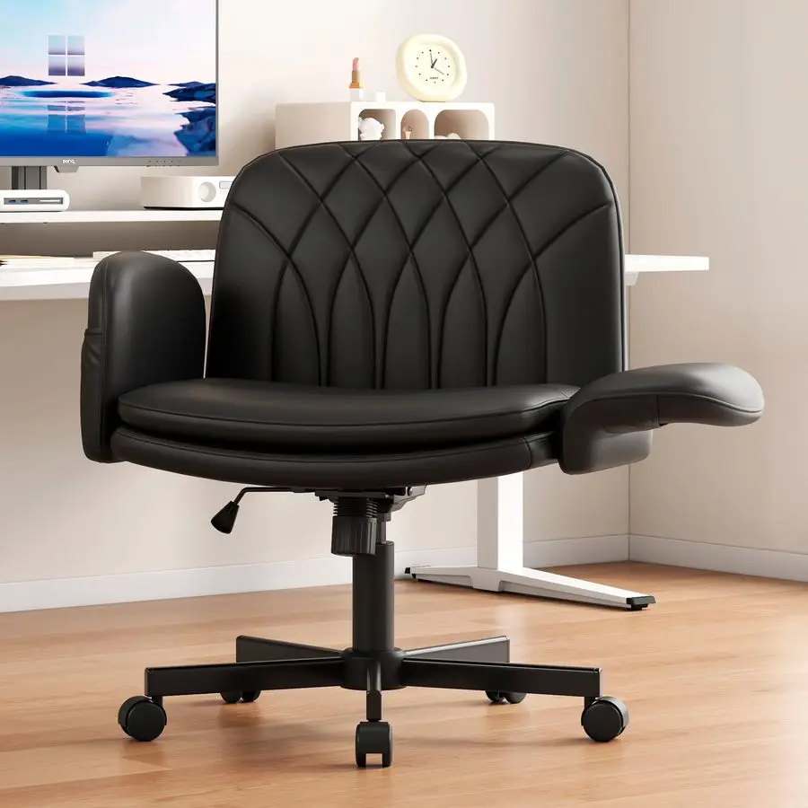

Criss Cross Chair with Armrests Wheels for CrossLegged Sitting, Comfortable PU Leather Vanity Chair, Office Desk Chairs