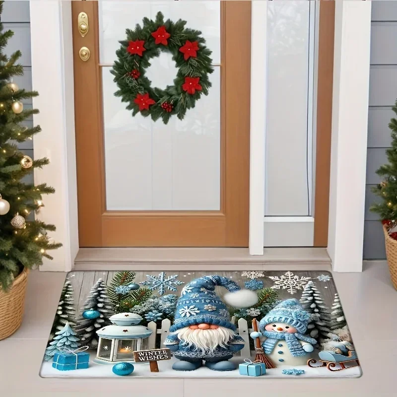 VIKAMA Christmas Doormat Blue Gnome Snowman Winter Wishes Lantern Print Decorative Rug For Entryway Hallway Living Room Decor