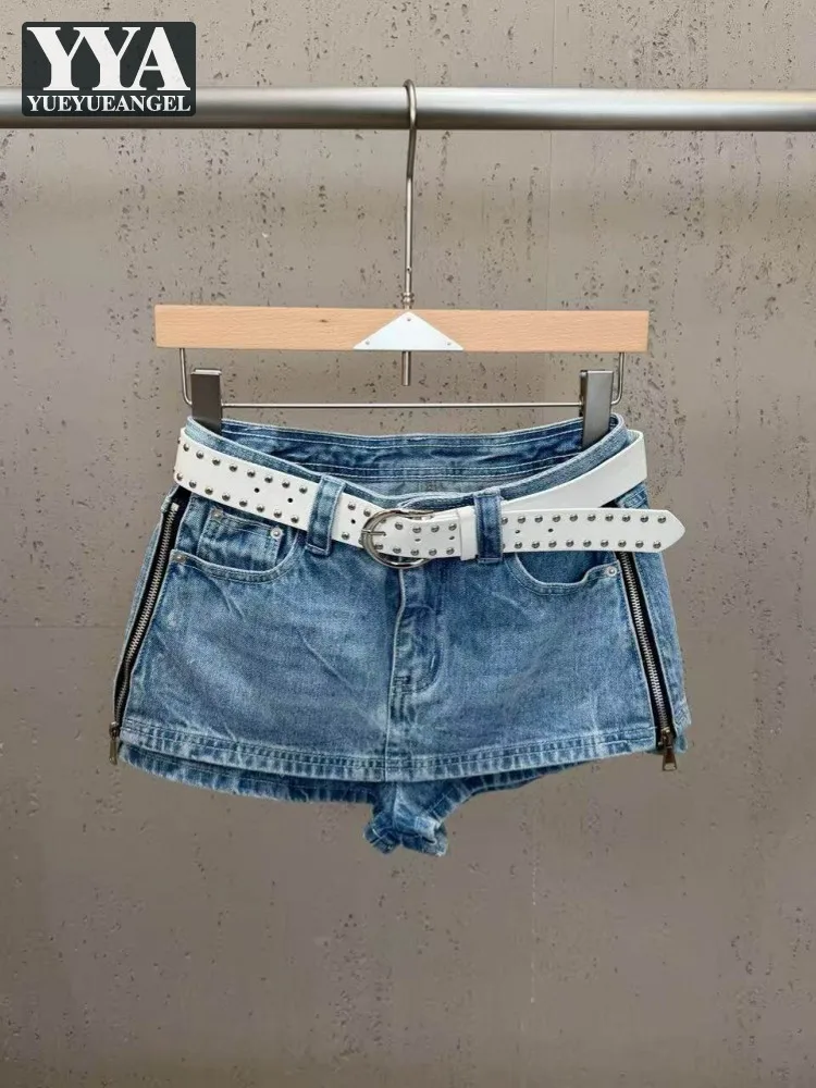 Summer Women Design Fashion Versatile Zipper Spliced Denim Shorts Mid Waist Slim Fit Ladies Solid Color Wide Leg Short Trousers