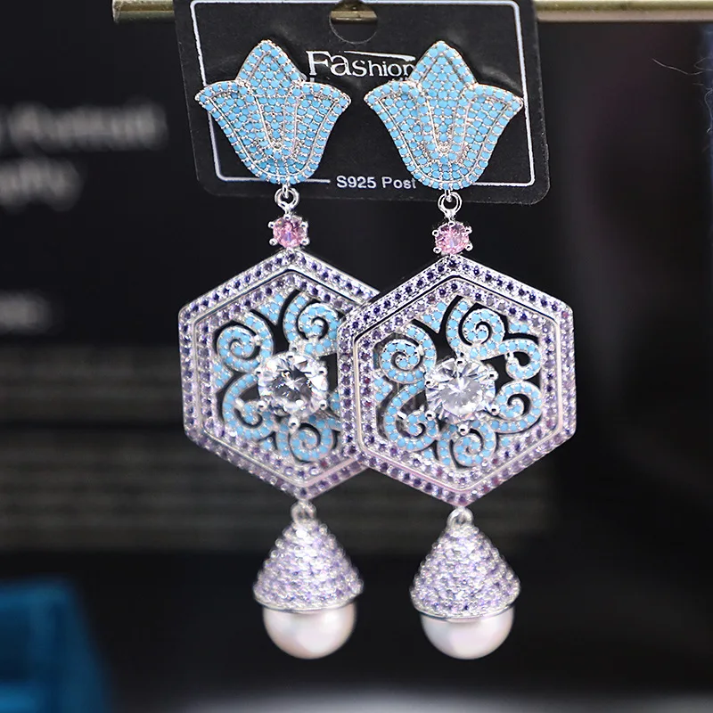 Elegant Palace Style Dangle Earrings with Micro Pave Zircon and Hexagonal Flower