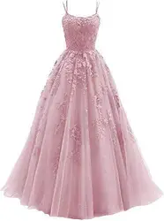 Tulle Spaghetti Straps Prom Dresses Long Lace Appliques Ball Gowns for Women Formal Evening Party A-line Ball Gowns