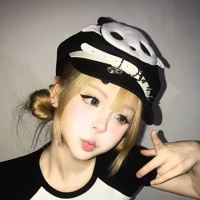 Japanese Harajuku Lolita Beret Hat Kawaii Culture Panda Patchwork Hats Cosplay Handmade Orange Design Subculture Caps