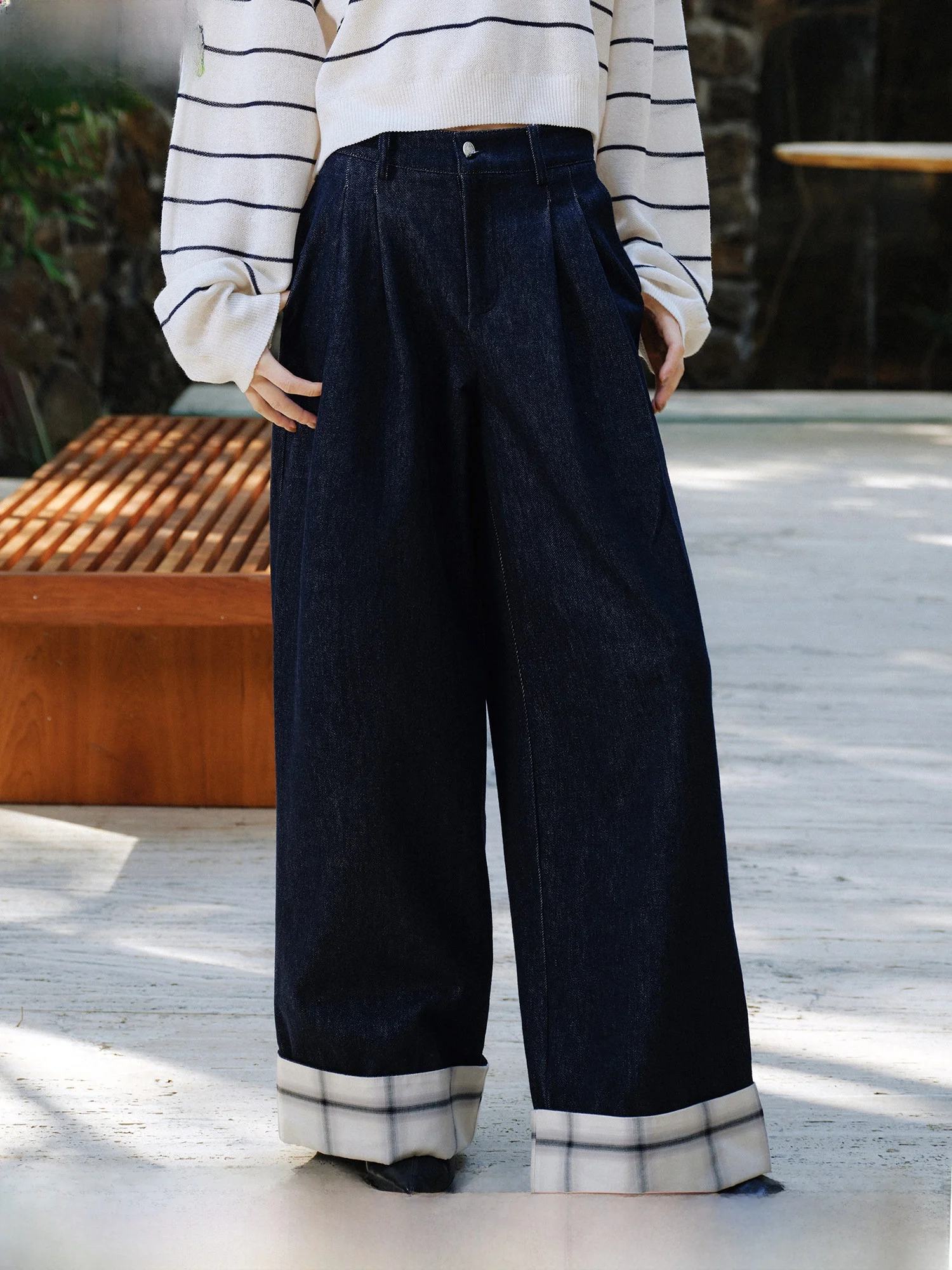 

High Waist Wide Leg Denim Jeans Women's New Spring Color Block Cuff Straight Commute Slimming Long Pants Casual Cotton