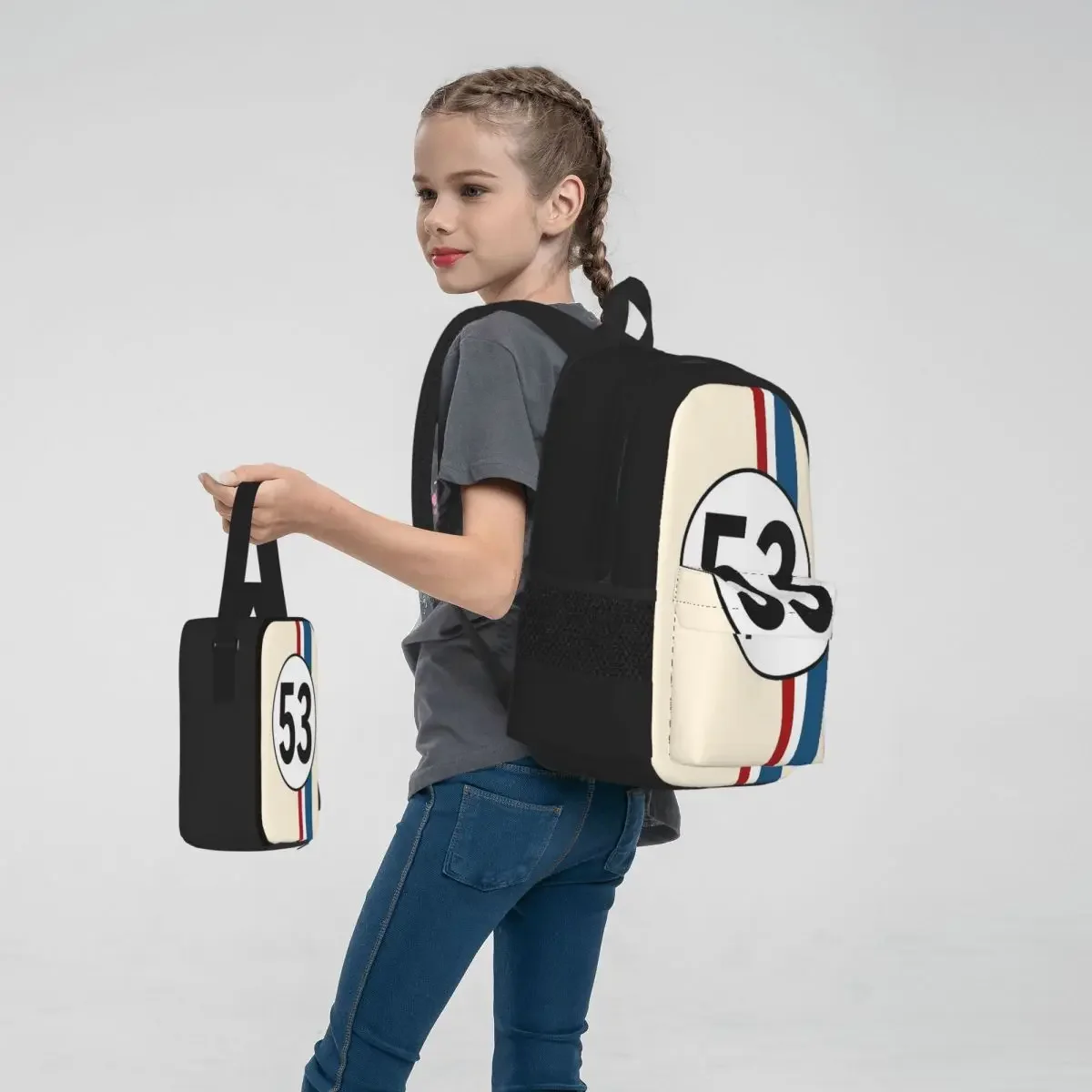 Sac à dos Herbie numéro 53 pour enfants, cartable pour garçons et filles, sacs d'école pour enfants, sac à déjeuner pour enfants, sac à stylos, ensemble de 3 pièces