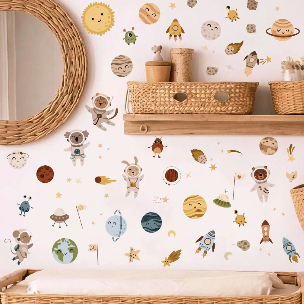 Fantasy Solar System Wall Stickers Cartoon Planets Sun Earth Mars Jupiter  Wall Decals Bedroom Playroom Living Room