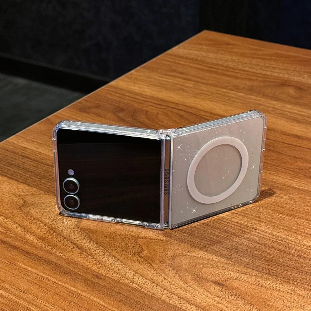 โปร่งใสBling Glitterแม่เหล็กสําหรับSamsung Galaxy Z Flip 7 6 5 4 3 5Gไร้สายชาร์จนุ่มกันชนป้องกัน