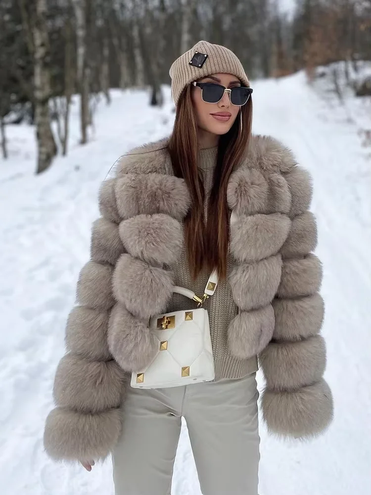 

New Women Cropped Long Sleeve Artificial Fox Fur Jacket Faux Fur Short Coat Women Winter Fluffy Top Thick Warm Furry Fur Outwear