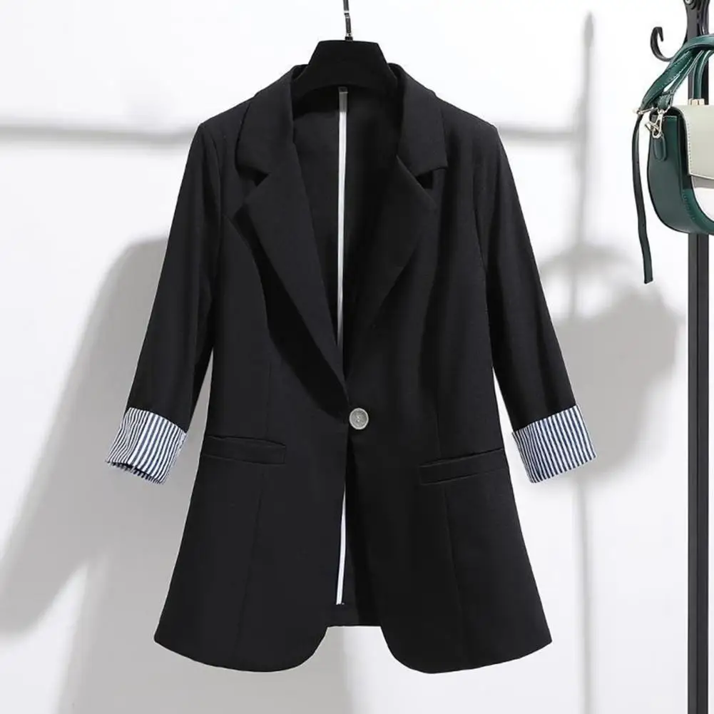 Women Lightweight Suit Coat Elegant Lapel Suit Coat with Striped Cuffs Single Button Closure Women's Business Workwear Jacket