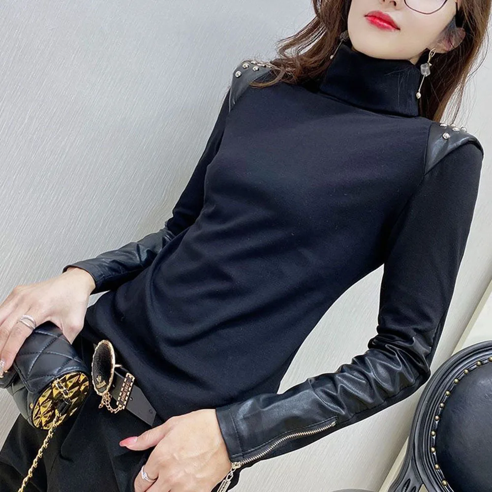 Black Ladies Elegant T-shirts Autumn Winter New Long Sleeve Half High Neck Underlay Shirt Fashion Versatile Leisure Female Tees