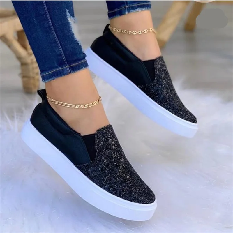 Women Shoes Crystal Slip on Flat Spring Loafers Ladies Autumn Glitter Platform Fashion Moccasins Sneakers Tennis Female Slip-On