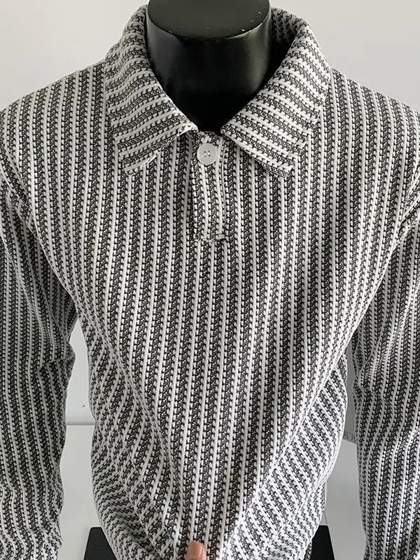 

Faionable Loose Long Sve irt Men's Knitted Base irt Fibone Pattern Heavyweight Turn-down Collar Trendy Bot...