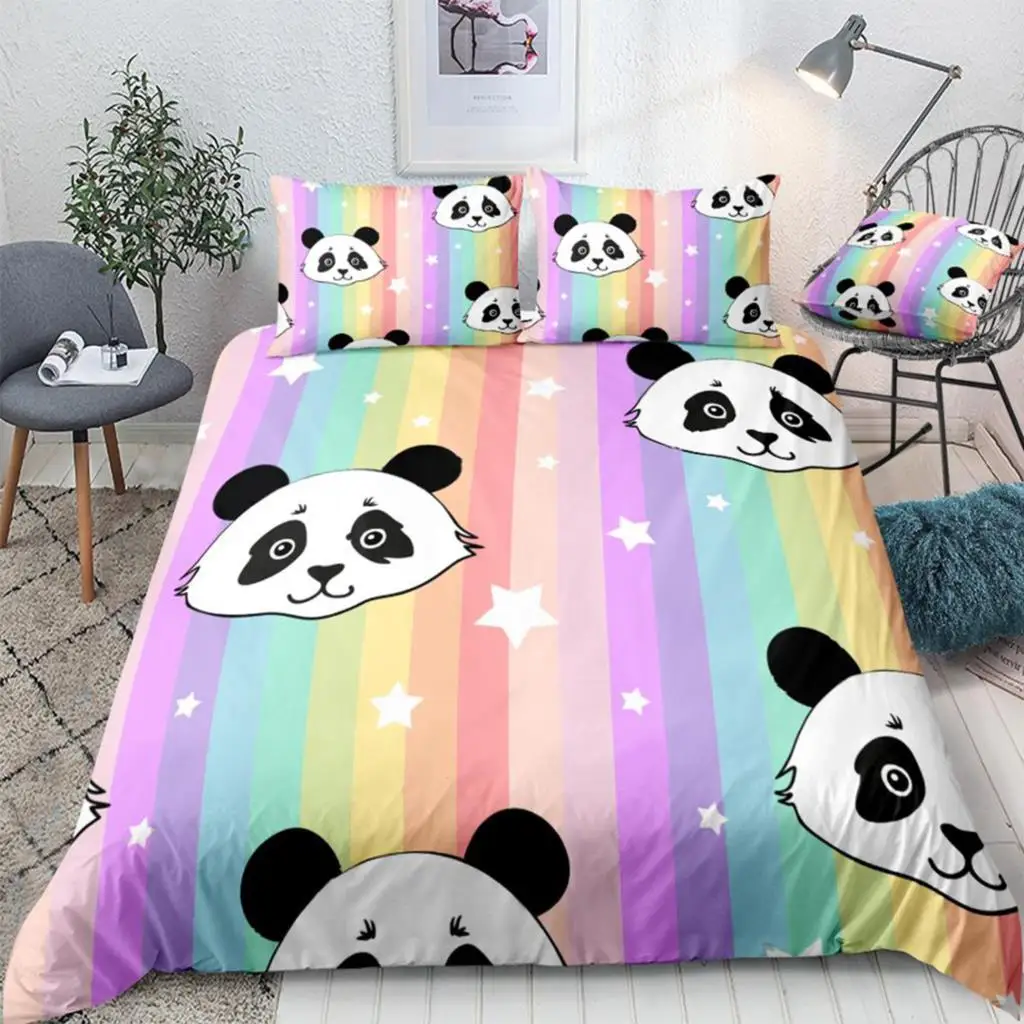 

Panda Duvet Cover Set Rainbow Stripes Bedding Kids Boys Girls Cartoon Animal Quilt Cover Queen Home Textiles 3pcs Stars Dropship