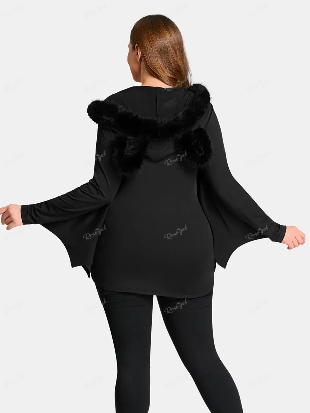 ROSEGAL Plus Size Women's Full Zipper Fur Neck Bat Wing Hooded Coat Black High Stretch Jackets Casual Spring Autumn Outwear Tops