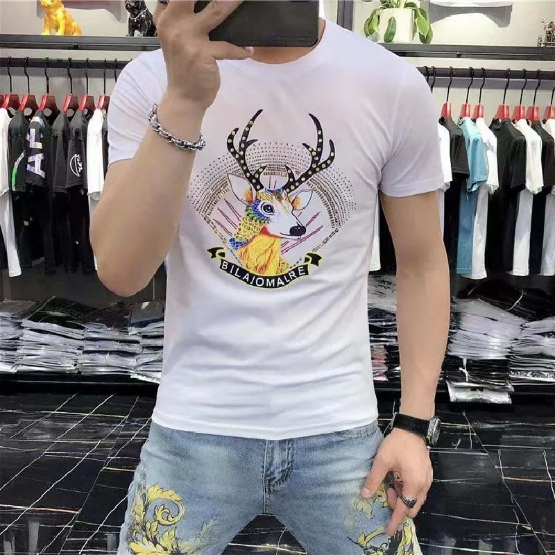 Men's T-shirt Summer New Fashion Hot Diamond Cartoon Print Deer Unisex Tees High Quality Round Neck Tops Daily Party Attire 4XL