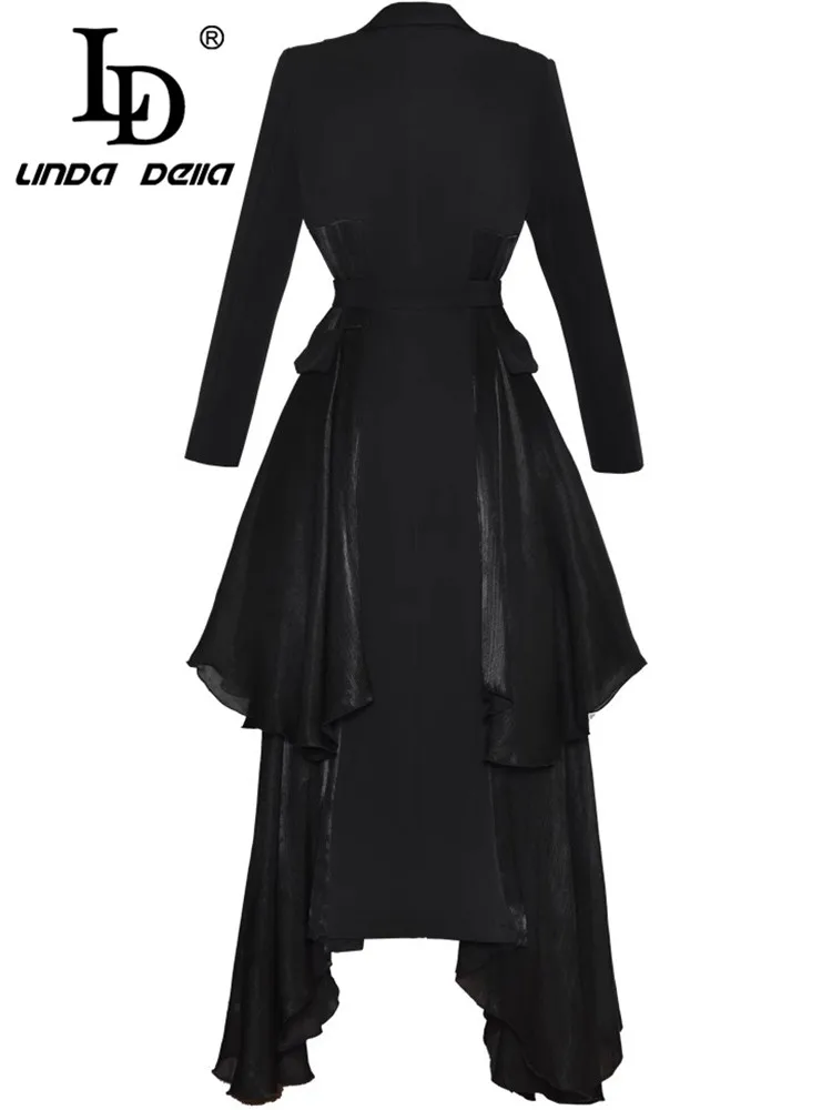 LD LINDA DELLA Flounced Edge Slim Women\'s Coat Notched Long Sleeved Single-Breasted Lace-Up  Autumn and Winter Overcoat