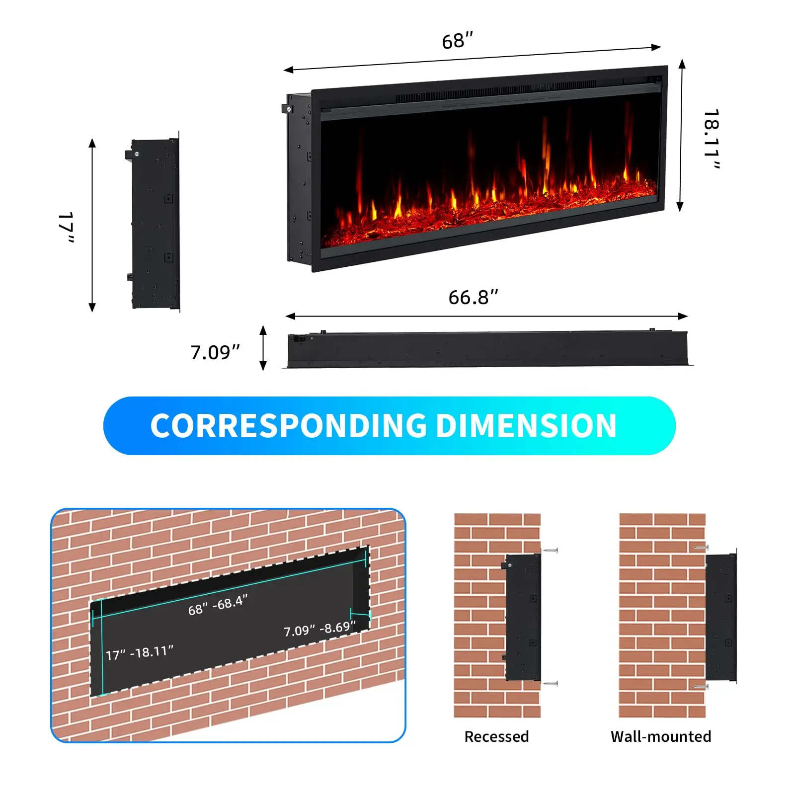 68 in Electric Fireplace Inserts, 750/1500W Recessed and Wall Mounted Fireplace Heater with Remote Control, Adjustable Flame Color & Brightness, 9H Timer, Log & Crystal, Black
