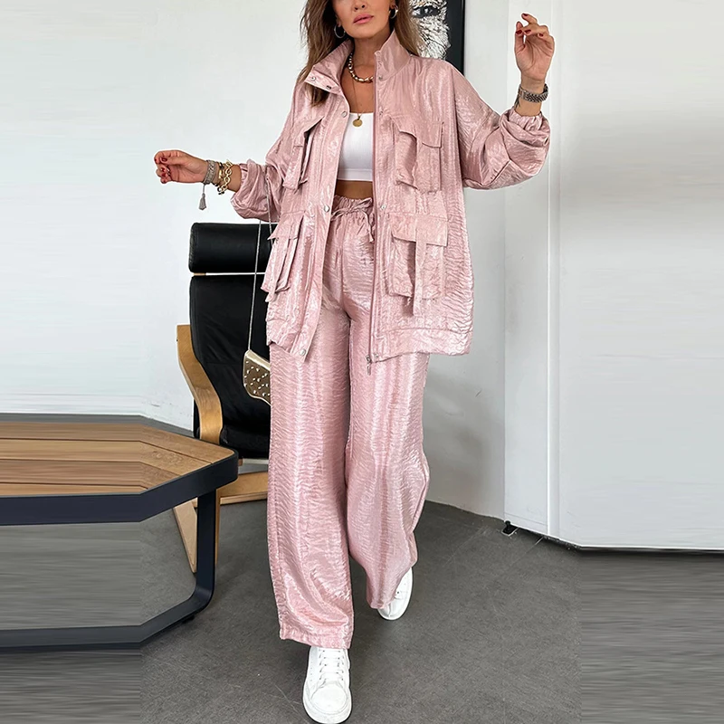 Elegant Long Sleeve Solid Color 2Pc Sets Women Casual Pockets Loose Sport Outfits Fashion Stand Collar Coats & Long Pants Suits