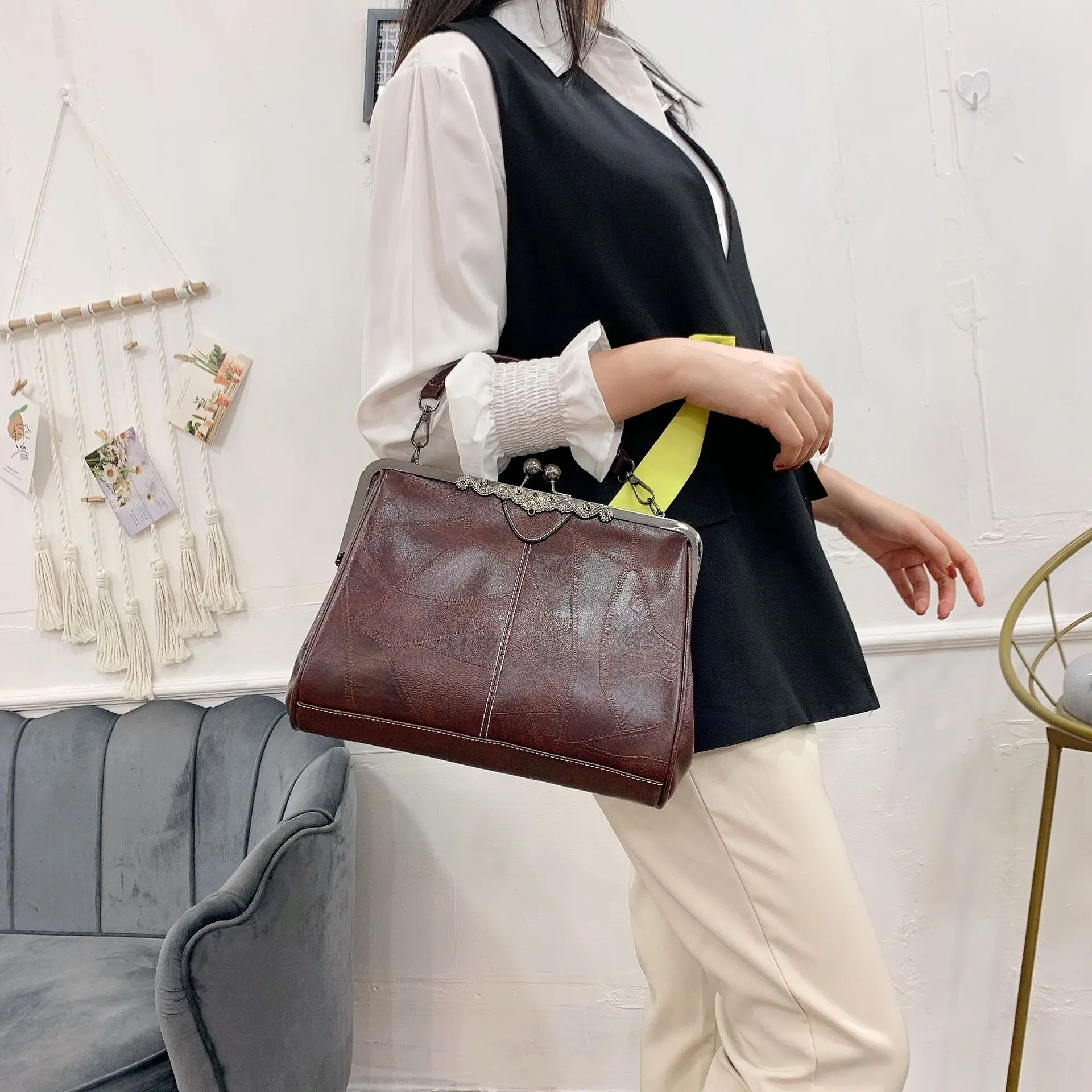 Vintage Simple Style Women Shoulder Bag High Quality PU Leather Lady Crossbody Bag Fashion Boston Design Handbag Tote Purse