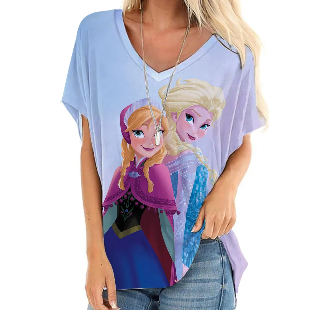 تي شيرت نسائي أنماط أميرات ديزني ملابس علوية على شكل حرف V ملابس نسائية عتيقة جماليات تي شيرت فضفاض كبير الحجم مضحك T Sh