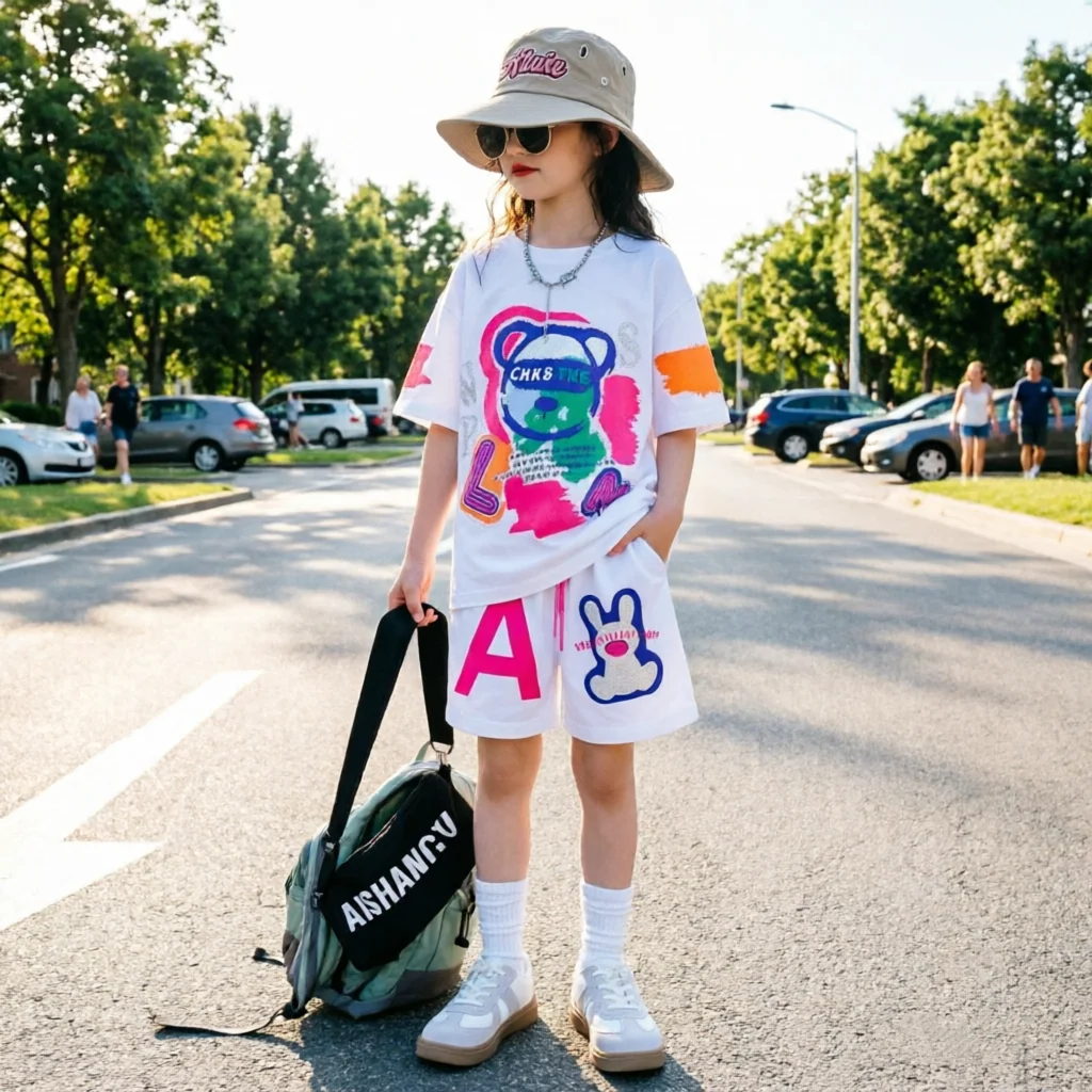 2026 Summer Girls Cotton Stylish Cartoon Print T-shirt Top+Shorts Pant Set School Kids 2PCS Tracksuit Children Jogging Outfit
