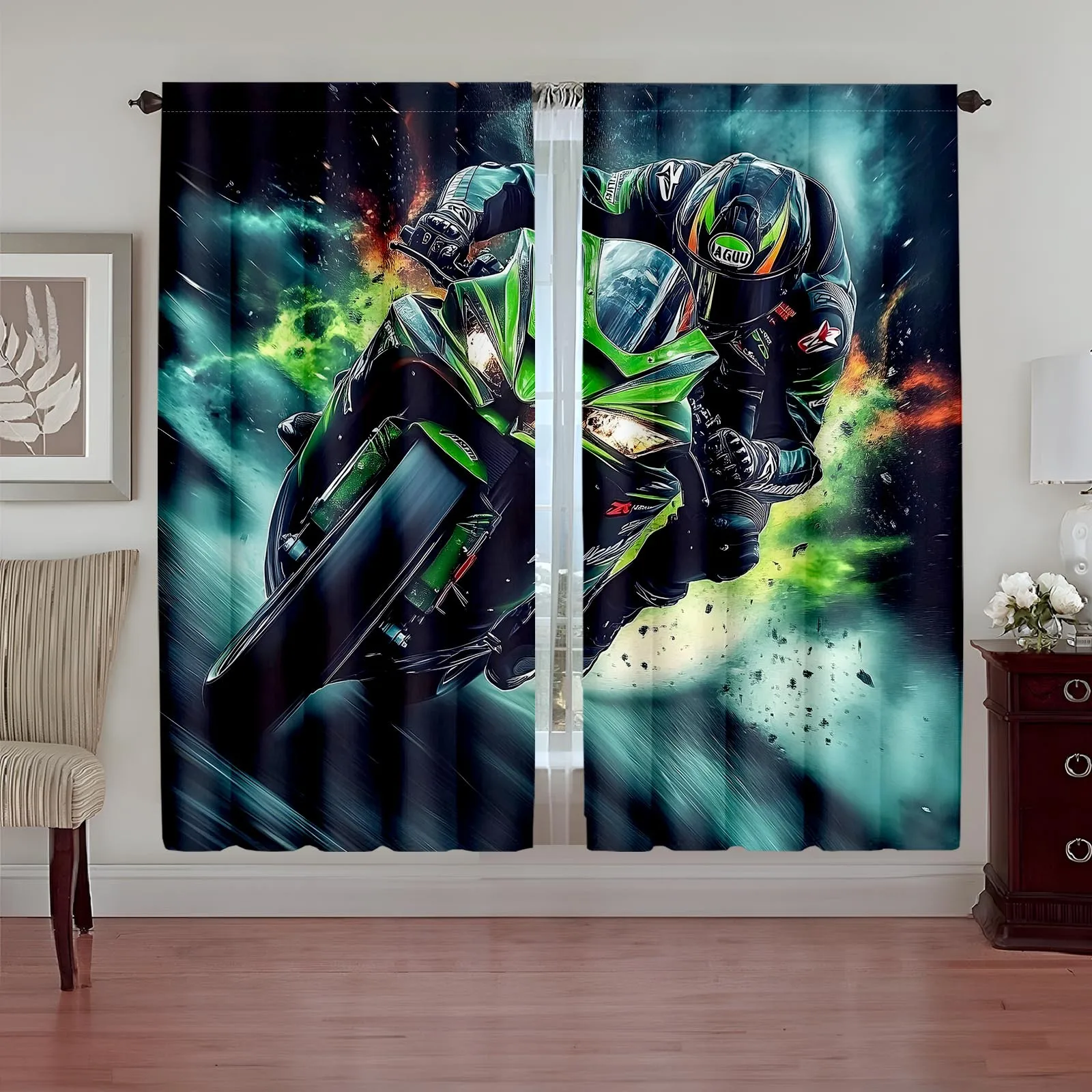 Motorcycle Racing Biker Blackout Curtains - Dynamic Sport Bike Print Window Drapes for Boys Bedroom Game Room