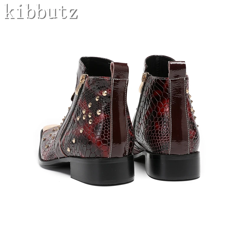 Botas masculinas de couro genuíno feitas à mão de luxo metal dedo do pé quadrado rebites cabeça de tigre botas de tornozelo masculino inverno outono sapatos