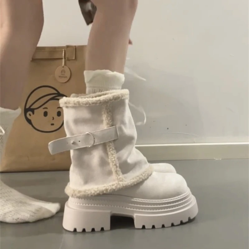 

Vintage Warm Cotton Women Pipe Snow Boots Fashion Platform Height Increase Short Boots Autumn Winter Women's Furry Shoes