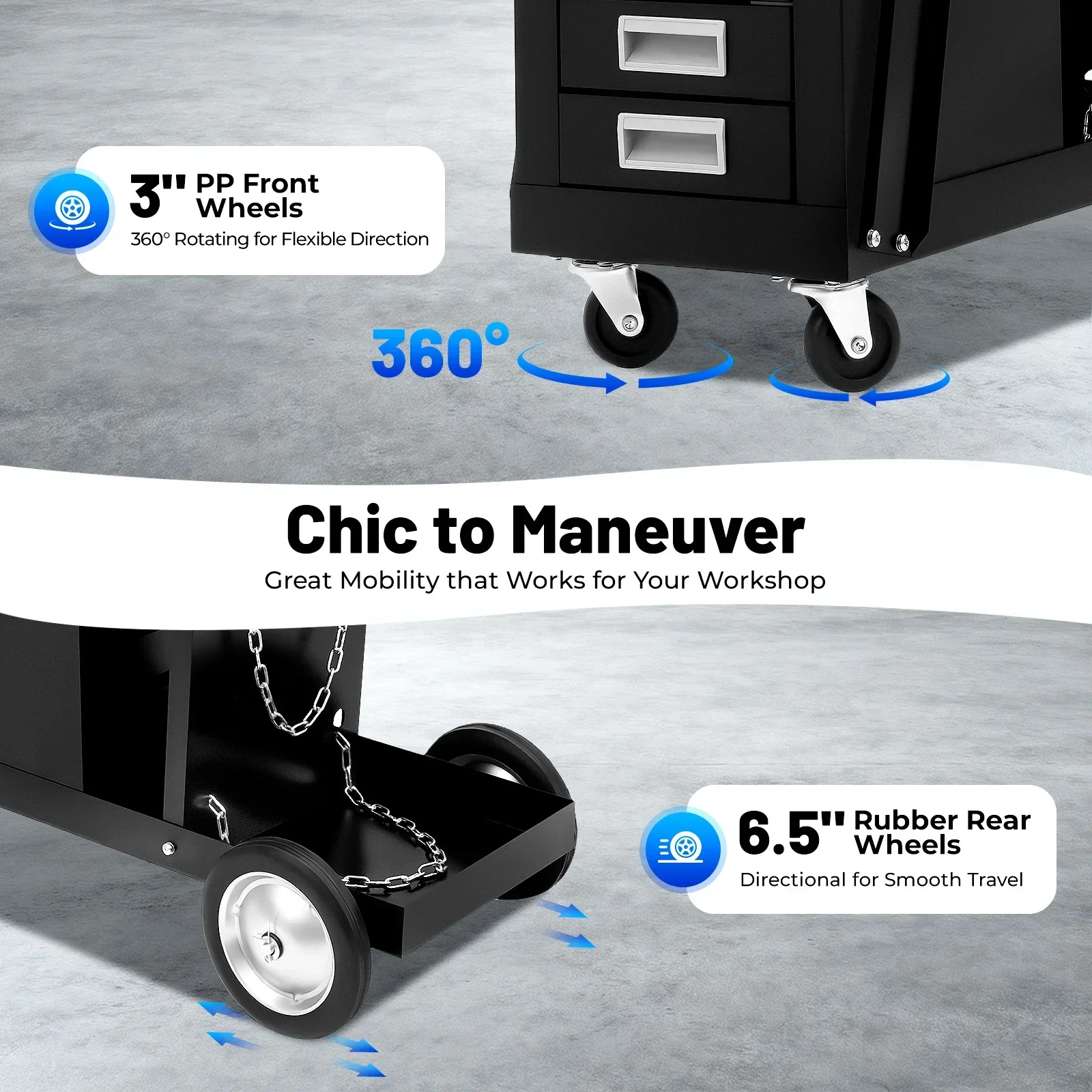 Rolling Welding Cart with Comfort Grip Handle - Black Welder Trolley Equipped with 4 Storage Drawers, Mobile Workshop Tool Cart view 6