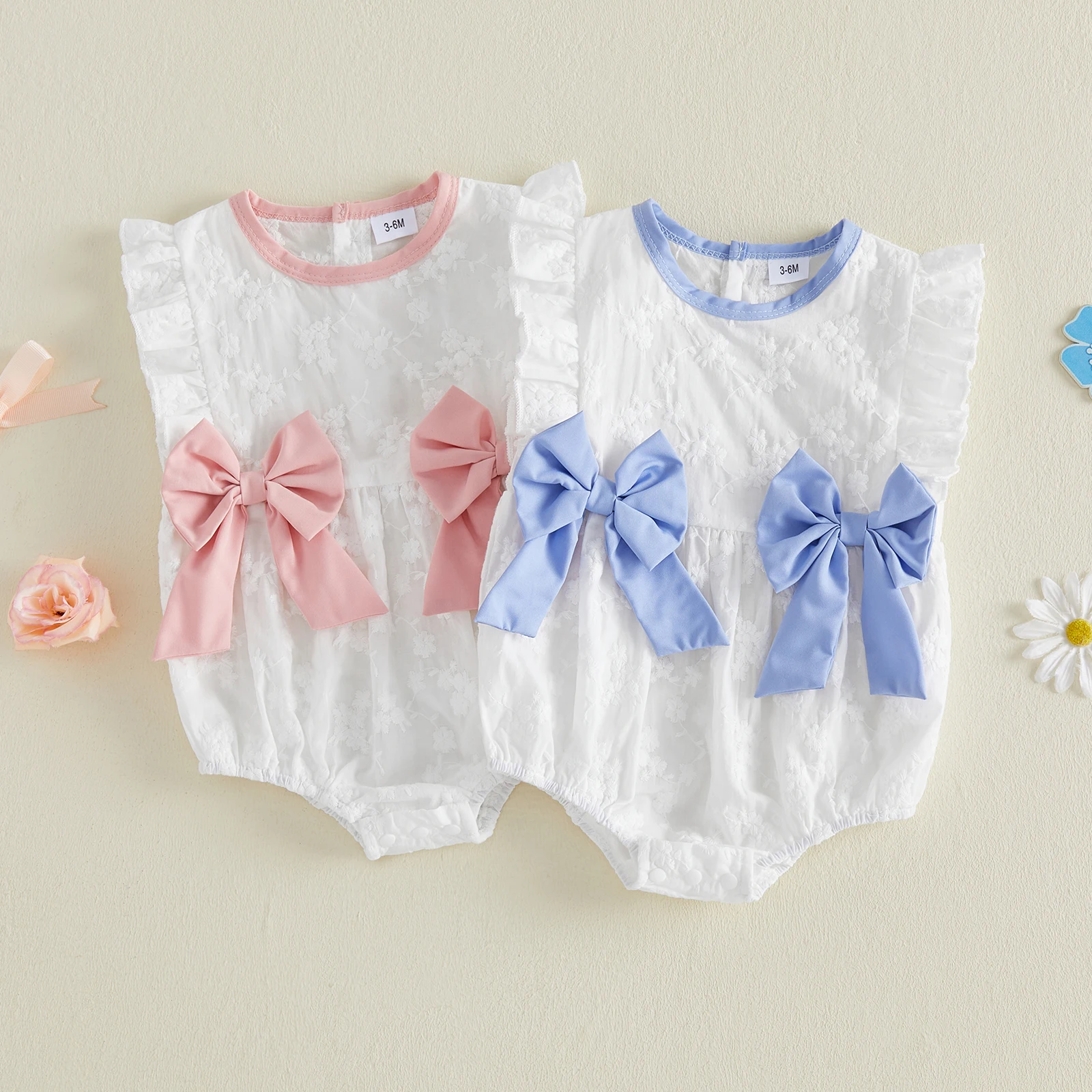 Baby Girls Summer Lace Romper Adorable Bow Decorated Jacquard Sleeveless Crew Neck Bodysuits Jumpsuit Clothes