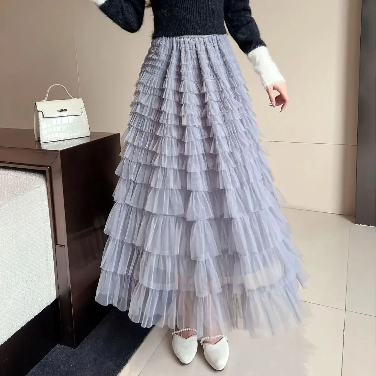 Petite A- Line Long Dress 2023 New Spring Summer Layered Cake Skirt Network Women's Design Sensibility Petite Skirt