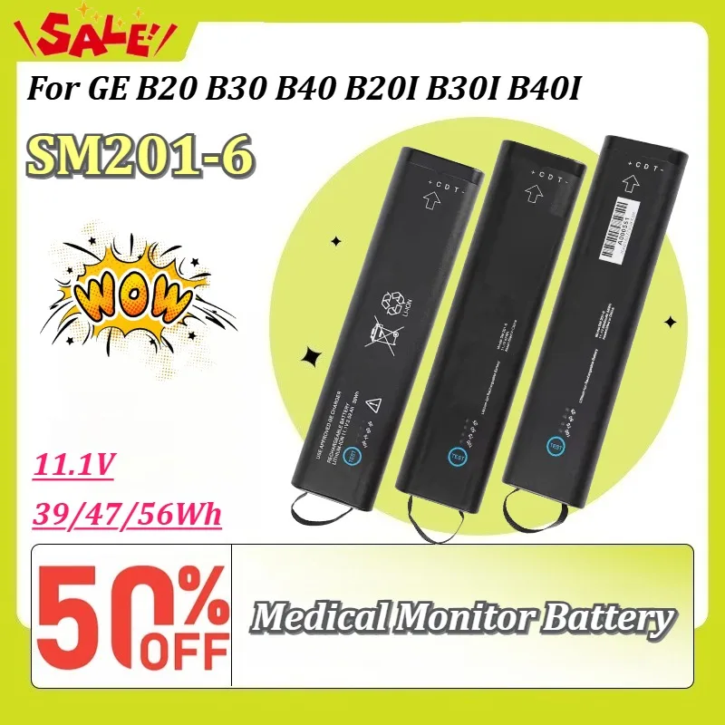 New SM201-6 11.1V 39/47/56Wh Rechargeable Medical Monitor Battery for GE B20 B30 B40 B20I B30I B40I Replacement Lithium Battery