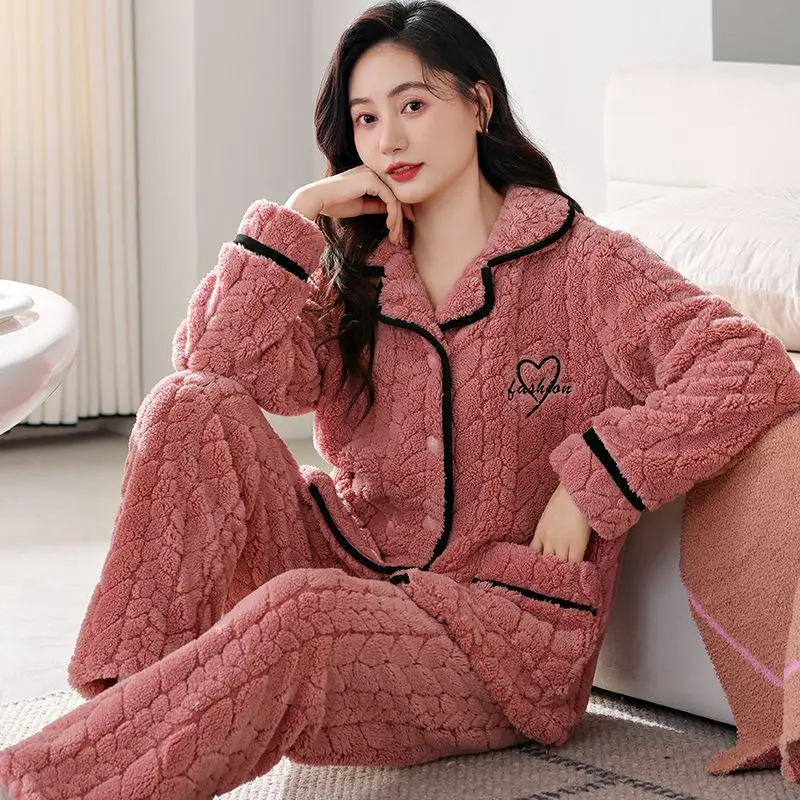 Wintertime New Style Coral Fleece Pajamas Ms. The Middle and Old Large Size Intensification Loungewear Set Winter Pijamas Women