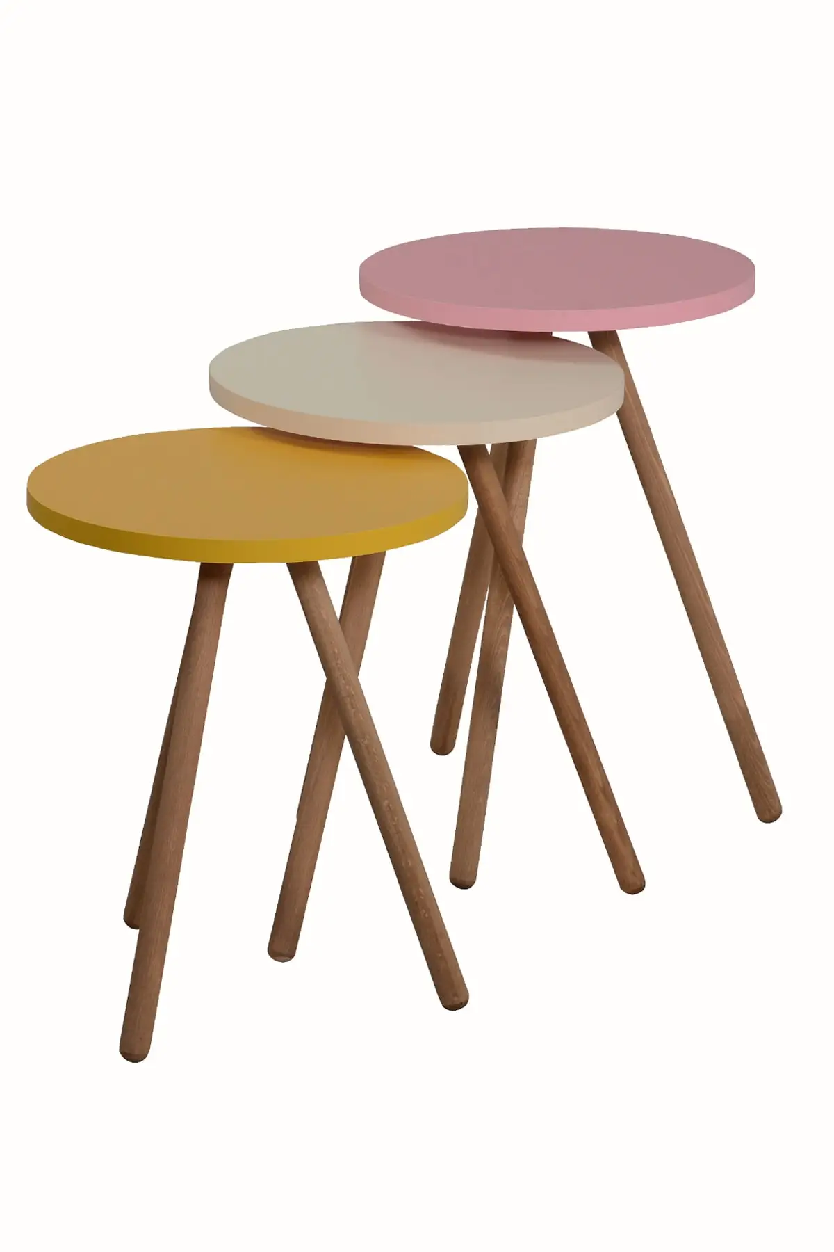 DOLBOVI Color Triple Zigon Coffee Table Wood Pedestal Round Pastel Design Yellow Cream Pink Coffee Table