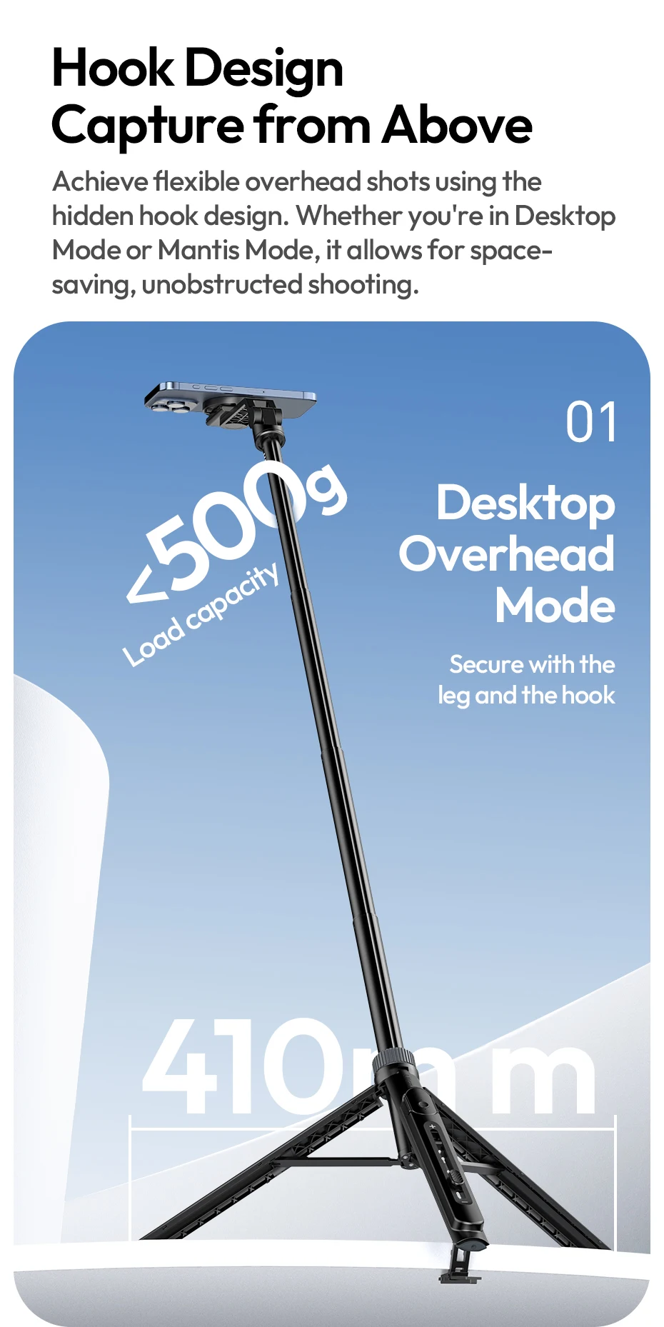 Ulanzi TT88 Overhead-Selfie-Stick 1,44 m mit MagSafe-Klemme, Fotografie-Stativ für Smartphone-Livestreaming und Vlogging mit Fernbedienung, Dual Cold Shoe, Fernbedienungslicht, Desktop-Aufnahme, Mantis-Halterung – Detail 24