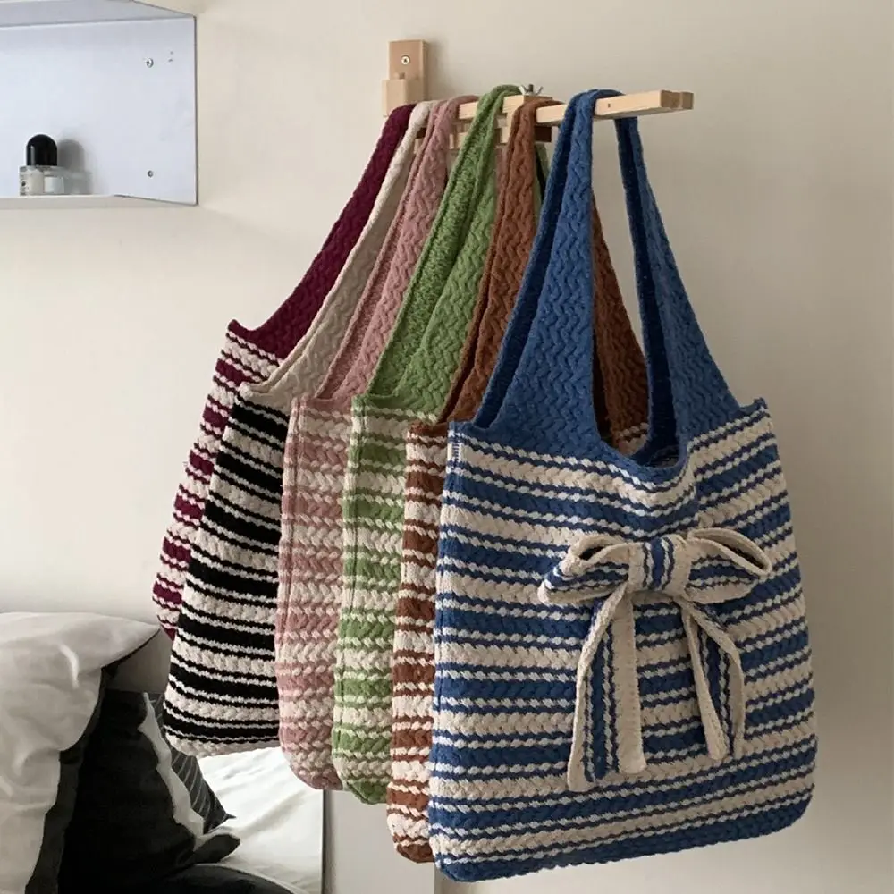 أنيقة القوس مخطط الكروشيه حمل حقيبة اليدوية سعة كبيرة المنسوجة حقيبة كتف متعدد الألوان عادية اليد محبوك حقيبة السيدات/الفتيات