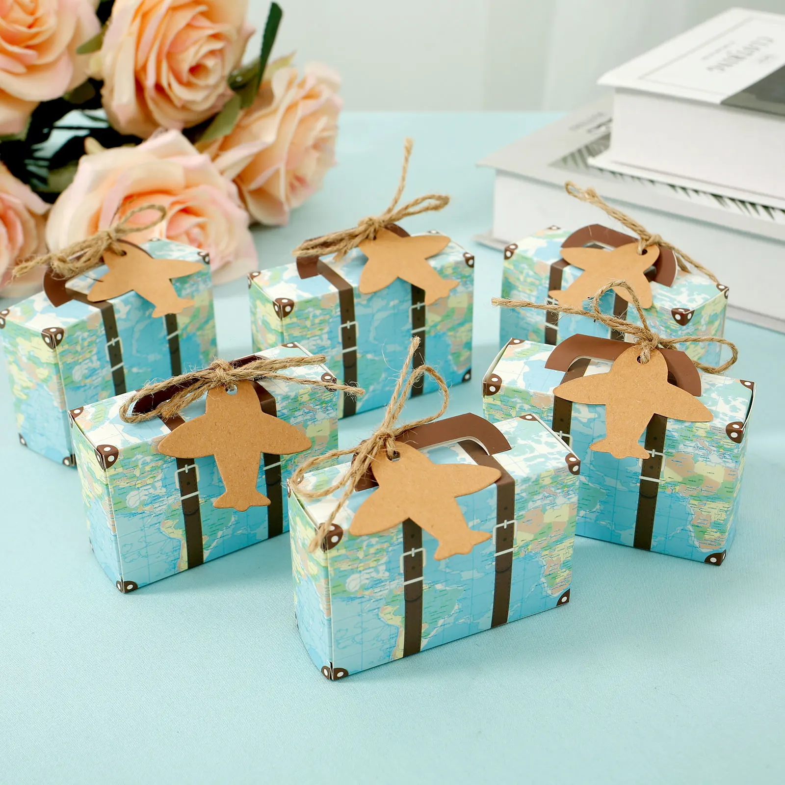 50/100Pc Vintage Party Favor Candy Box with Aircraft Tags Reusable Mini Suitcase Favor Box for Travel Themed Party Bridal Shower view 3