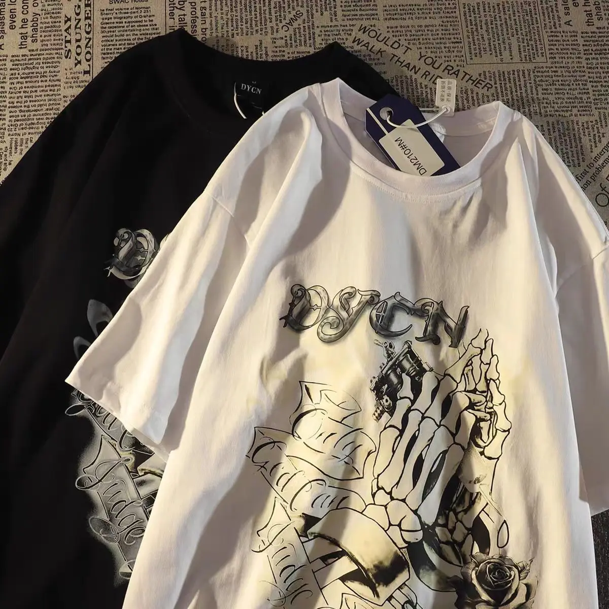 

Dark Skull Short-Sleeved T-Shirt Summer Loose Fit Sweet Cool Top for Men and Women Casual Ins Fashion Women Clothing