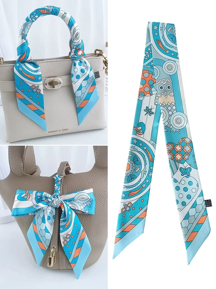 2024 Blue Silk Scarf Women Luxury Chain Print Bag Skinny Scarves Wraps Wrist Towel Foulards Neckerchief Headband Muslim Hijabs